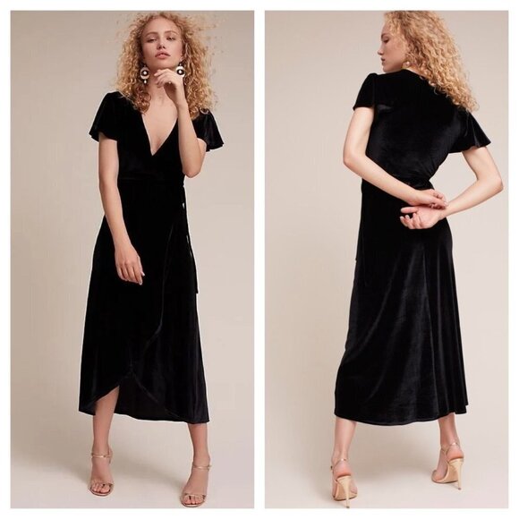 BHLDN / Thrive Velvet True Wrap Black V-Neck Flutter Sleeve Dress size XL - Picture 1 of 5